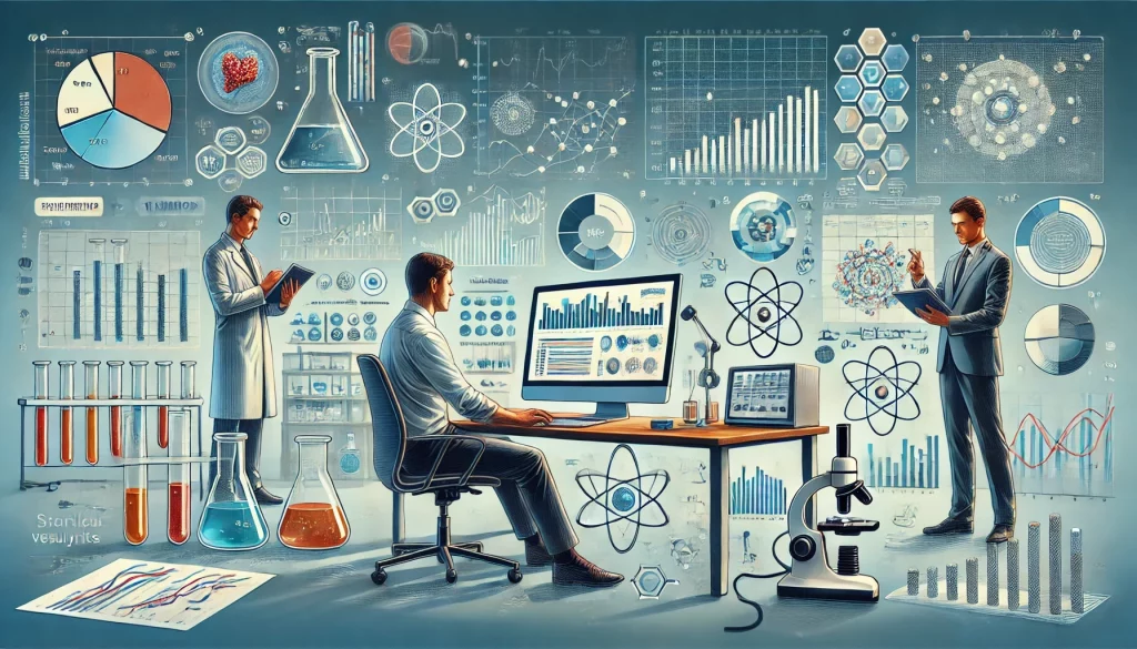 A professional banner image featuring elements of statistical analysis and data visualization. The scene includes graphs, charts, and data visualization tools in a laboratory setting. Researchers are seen analyzing data, with computers displaying analytical software, conveying themes of scientific research, expertise, and advanced data analysis.