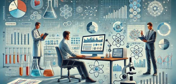 A professional banner image featuring elements of statistical analysis and data visualization. The scene includes graphs, charts, and data visualization tools in a laboratory setting. Researchers are seen analyzing data, with computers displaying analytical software, conveying themes of scientific research, expertise, and advanced data analysis.