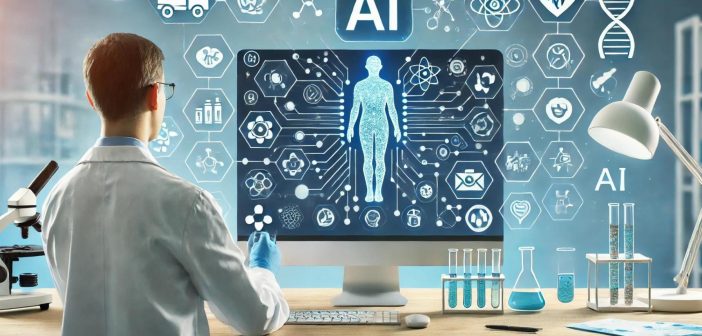 An illustration for a blog on ensuring reproducibility in AI-driven research within the biotech and healthcare industries. The image shows a researcher in a lab coat working on a computer interface, surrounded by AI elements, DNA strands, molecules, and medical devices. These elements are connected by digital pathways, symbolizing the integration of AI in research. The image visually represents the challenges and solutions related to reproducibility in AI-powered drug discovery, diagnostics, personalized medicine, and medical device development.