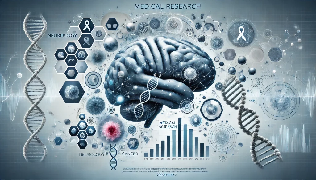 3D brain surrounded by DNA strands, cellular structures, and medical research icons for neurology and cancer