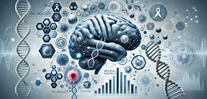 3D brain surrounded by DNA strands, cellular structures, and medical research icons for neurology and cancer