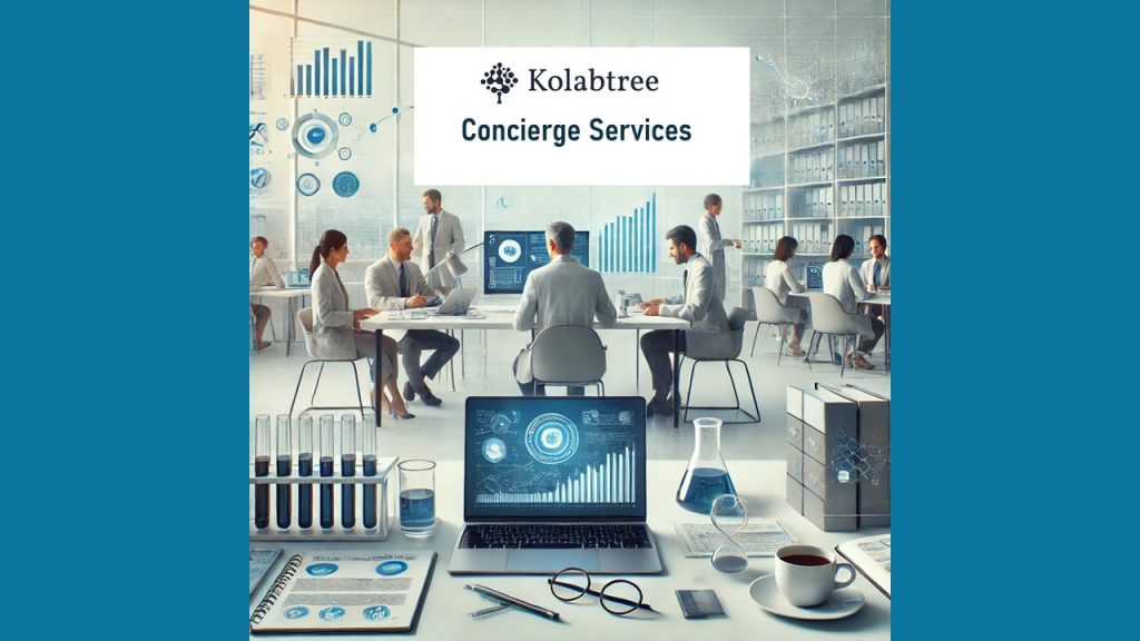 Kolabtree Concierge Services promotional image featuring a professional workspace with scientists, researchers, and analysts collaborating in a modern lab setting, surrounded by digital graphs, lab equipment, and data visualization tools.