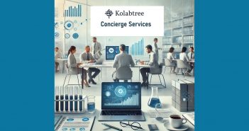 Kolabtree Concierge Services promotional image featuring a professional workspace with scientists, researchers, and analysts collaborating in a modern lab setting, surrounded by digital graphs, lab equipment, and data visualization tools.