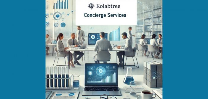 Kolabtree Concierge Services promotional image featuring a professional workspace with scientists, researchers, and analysts collaborating in a modern lab setting, surrounded by digital graphs, lab equipment, and data visualization tools.