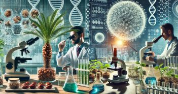 Scientists in a laboratory conducting research on plant genetics and biotechnology, surrounded by microscopes, test tubes, DNA structures, and plants, symbolizing innovation in agricultural biotechnology