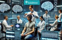 A high-tech neuroscience lab where scientists analyze brain activity using EEG, surrounded by holographic brain images and data screens. The "Kolabtree" logo highlights scientific collaboration.